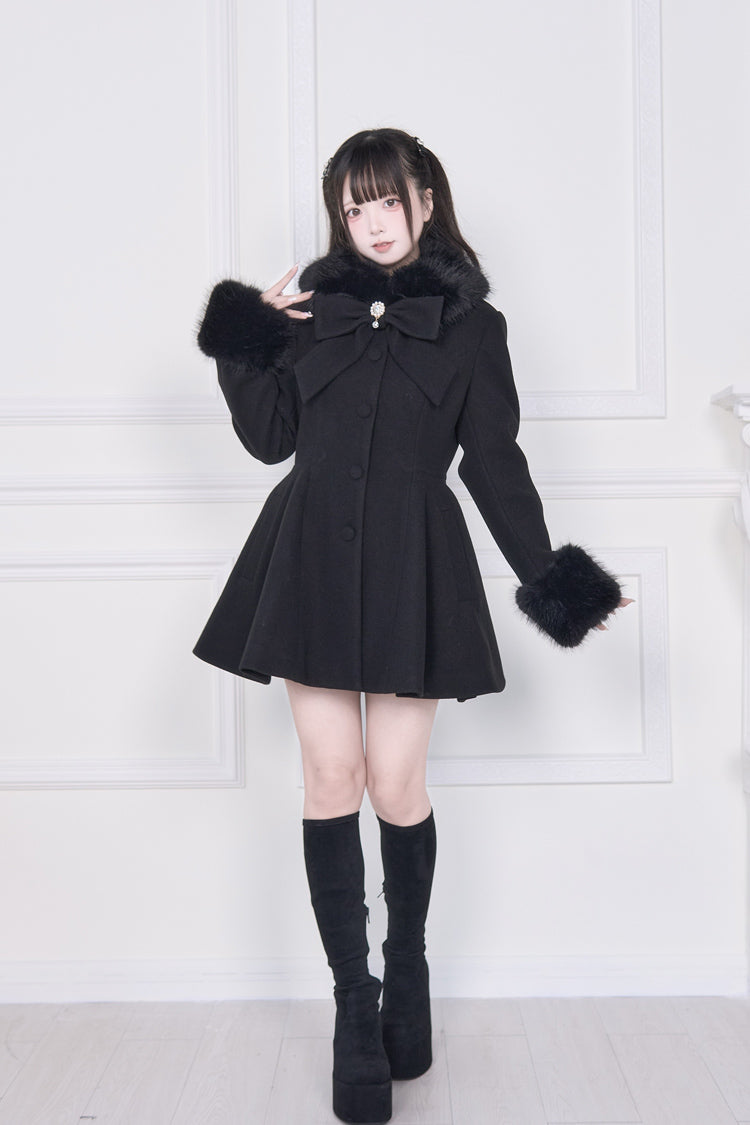 Black Plush Collar Long Sleeves Bowknot Japanese Sweet Lolita Coat - Product - 4