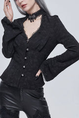 Black Gothic V-Neck Metal Buttons Pendant Lace Jacquard Frenulum Long Sleeves Women's Shirt - Black - 1