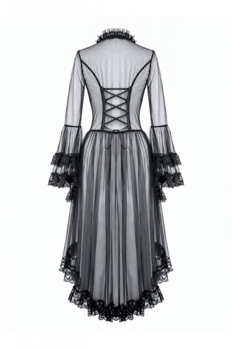Black Deep-V Ruffled Long Flare Sleeves Sheer Lace Patchwork Lace-Up Women's Gothic Duster - Product - 17