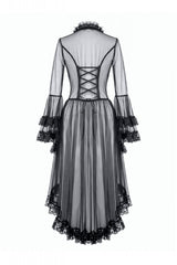 Black Deep-V Ruffled Long Flare Sleeves Sheer Lace Patchwork Lace-Up Women's Gothic Duster - Product - 17