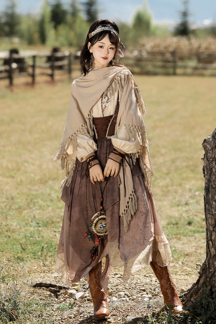 Brown [Sunset Yellow Sand] Print Irregular Asymmetric Classic Vintage Lolita Dress Set - Brown - 1