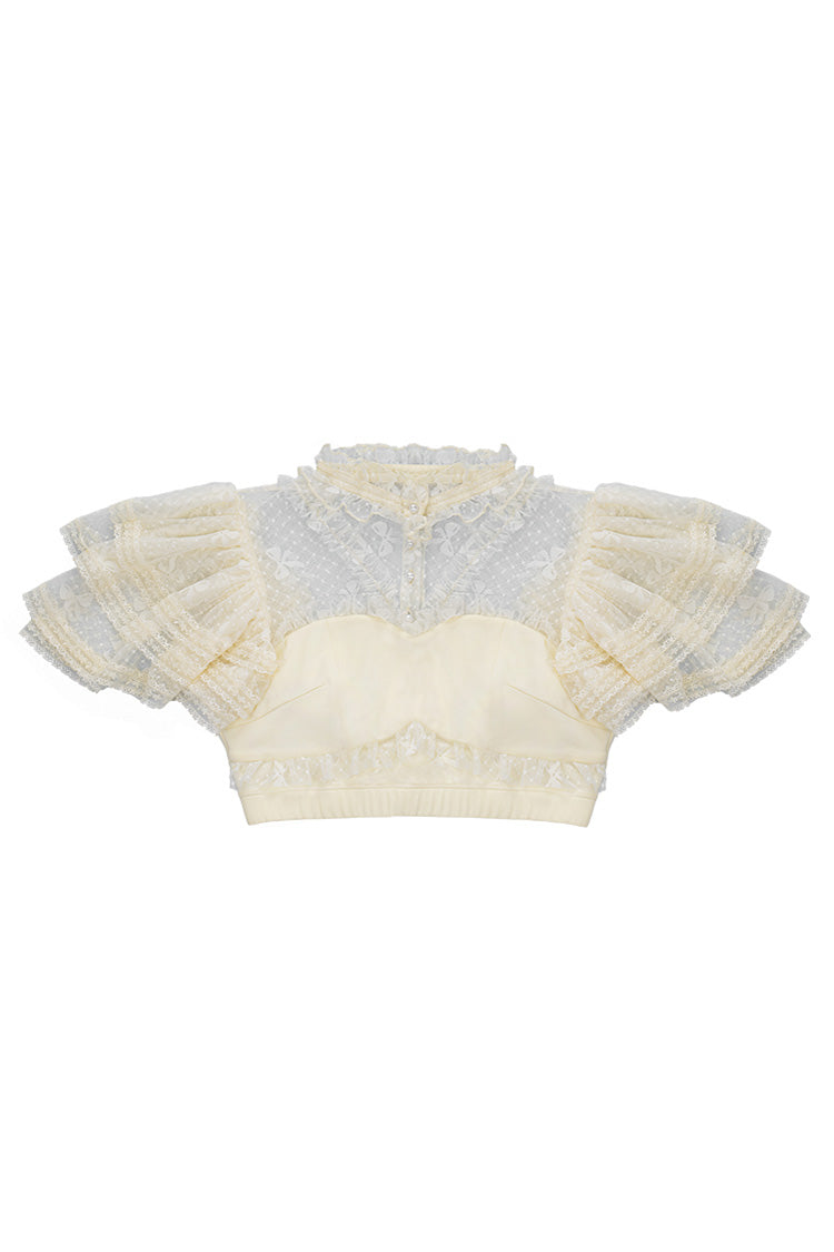 Detachable Pad Short Sleeves Hollow Lace Sweet Lolita Blouse 3 Colors - Ivory - 3