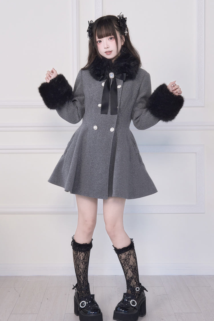 Grey Double-Breasted Long Sleeves Bowknot Japanese Sweet Lolita Coat - Product - 5