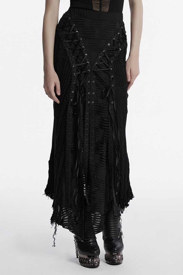 Black Ripped Lace-up Women's Gothic Knitted Skirt - Black - 1