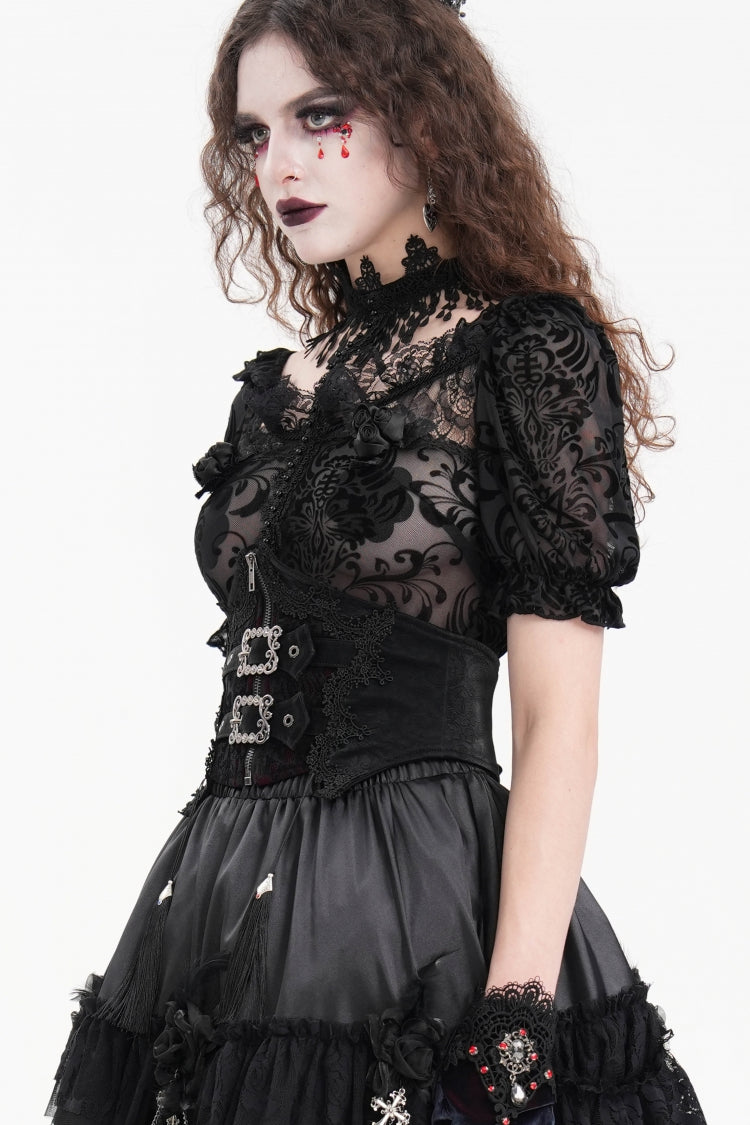 Black Embroidered Lace Lace-Up Slim Fit Zippered Women's Gothic Tassels Luxurious Royal Underbust Corset - Product - 3