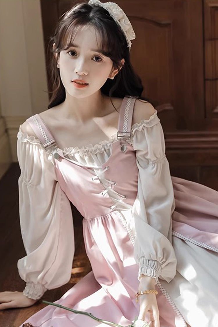 Pink Long Sleeves Ruffle Sweet Elegant Princess Lolita Dress Two Piece Set - Product - 7