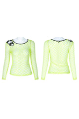 Green Long Sleeve Round Collar Shoulder Hollow Out Leather Hasp Coarse Mesh Women's Punk T-Shirt - Product - 3