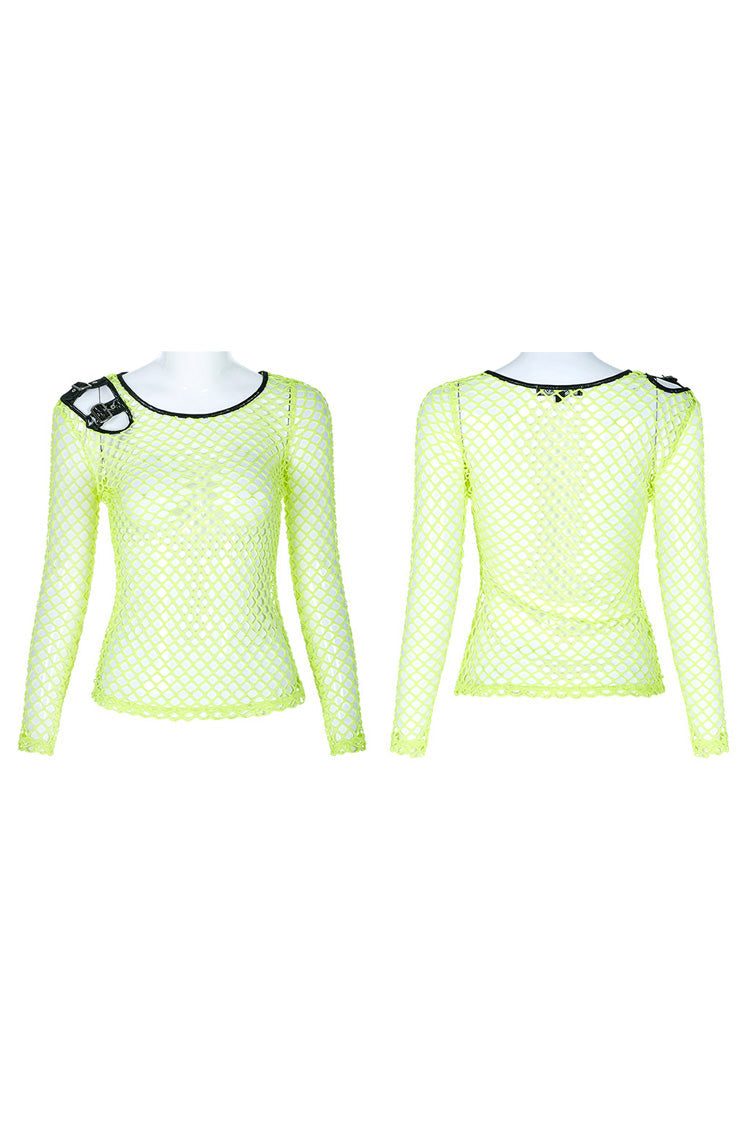 Green Long Sleeve Round Collar Shoulder Hollow Out Leather Hasp Coarse Mesh Women's Punk T-Shirt - Product - 3