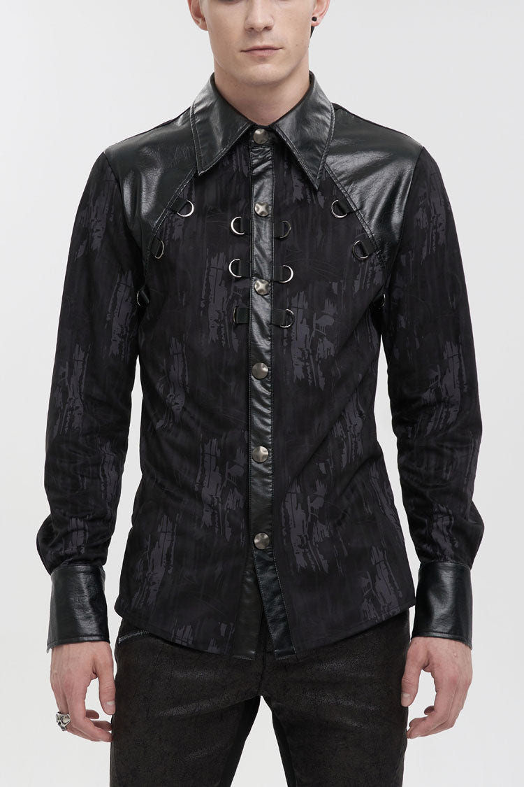 Black Ribbed Metal Chain Hand-Painted Velveteen Paneled Leather Men's Punk Shirt - Black - 1