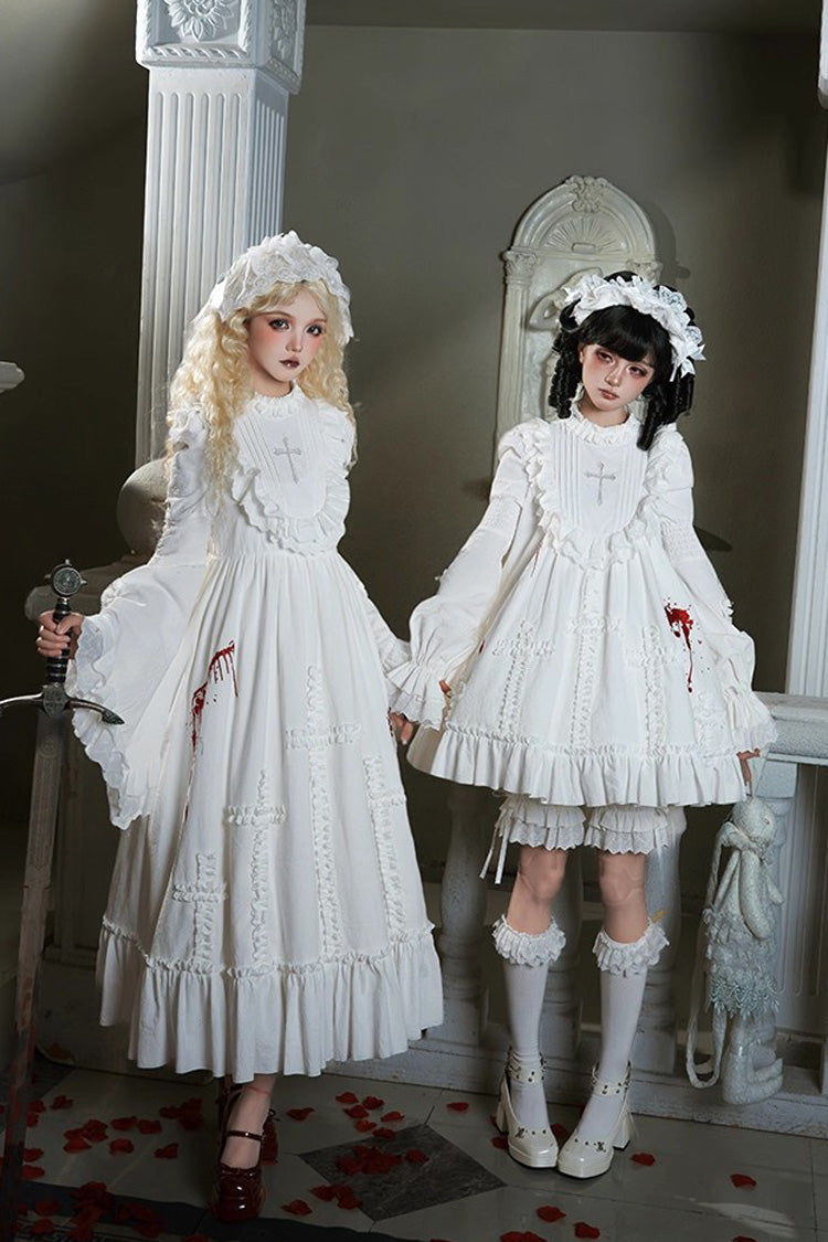 White [Cross Doll] Long Hime Sleeves Ruffle Lace Gothic Lolita Dress Set 2 Versions - Product - 10