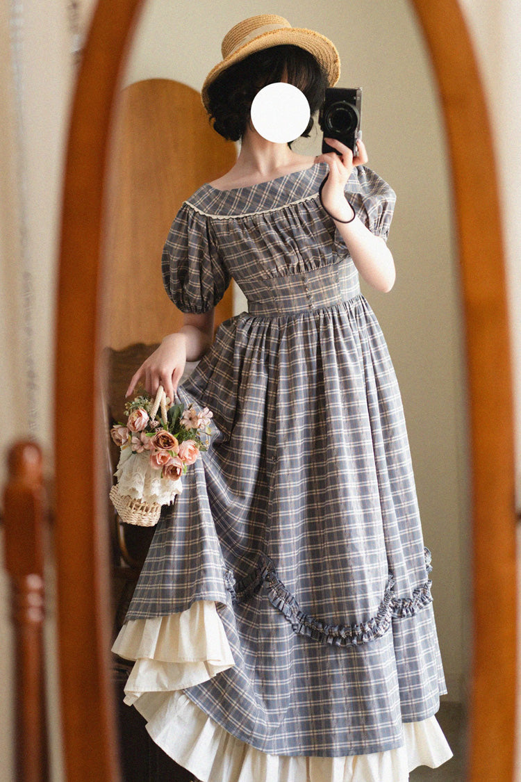 Grey/Blue [Forest Picnic] Boat Neck Short Sleeves Printed Lift-Hem Ruffled Classic Vintage Elegant Lolita Dress - Product - 7