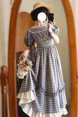 Grey/Blue [Forest Picnic] Boat Neck Short Sleeves Printed Lift-Hem Ruffled Classic Vintage Elegant Lolita Dress - Product - 7