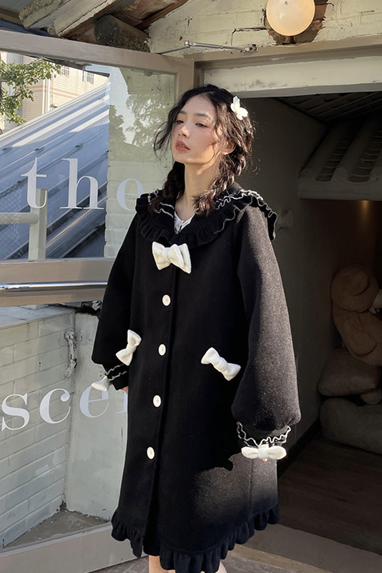 Black [Bouquet Bear] Doll Collar Long Sleeves Ruffle Bowknot Princess Lolita Coat - Product - 3