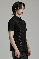 Black Lapel Collar Short Sleeves Stitching Men's Punk Blouse - Product - 2