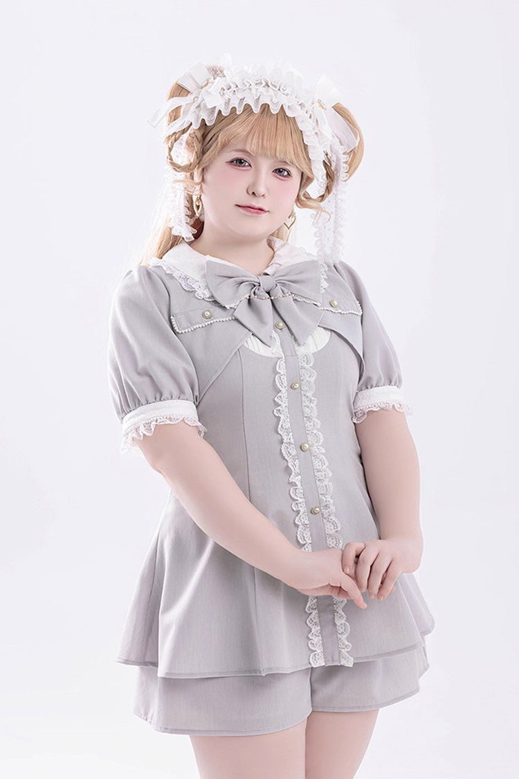 Grey Short Sleeves Ruffle Bowknot Fake Two Pieces Jirai Kei Japanese Dress Shorts - Product - 6
