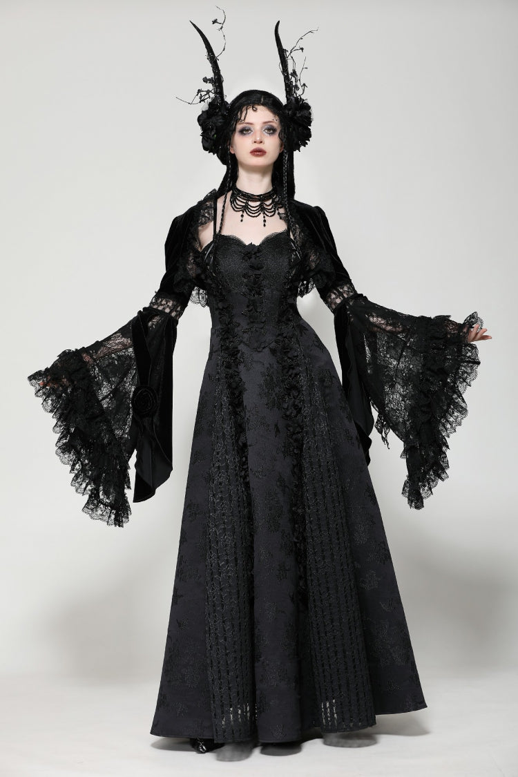 Black Long Puff Flared Sleeves Ruffled Lace Spliced Velvet Women's Gothic Cape - Product - 9