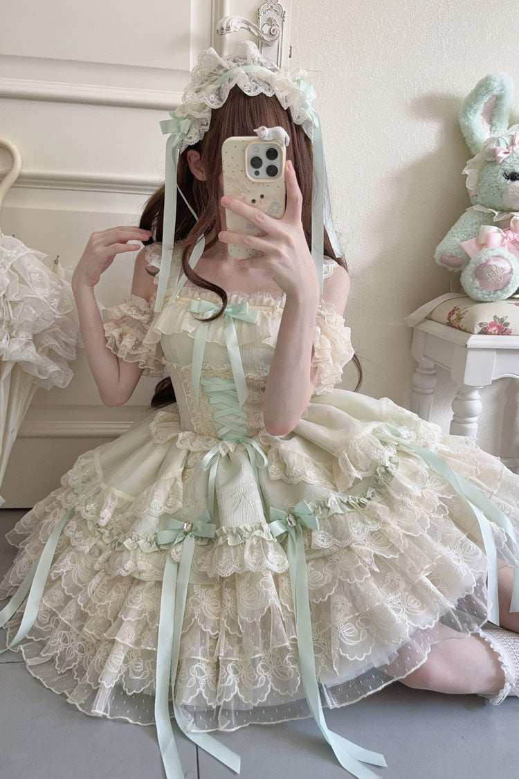Green [Ribbon Heart Love] Sleeveless Multi-Layered Ruffle Bowknot Lace Lace-Up Sweet Princess Ballet Lolita Jsk Dress - Product - 5