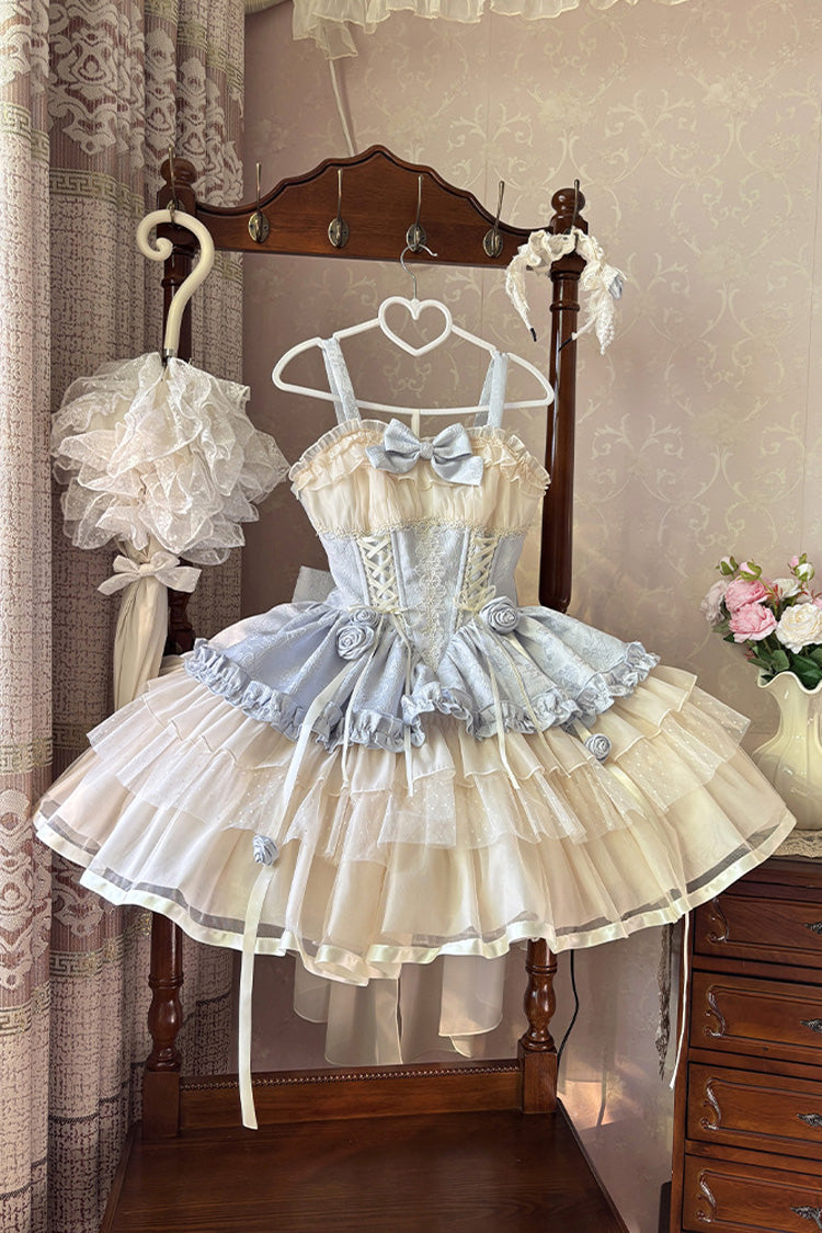 Blue/Ivory Dance of Time Triple-Layered Ballet Style Bowknot Lace-Up Sweet Lolita Jsk Dress - Product - 5