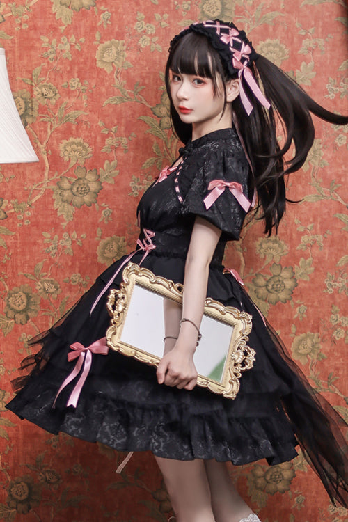 Stand Collar One Button Bubble Short Sleeve Lace Hem Sweet Lolita Dress - Product - 7