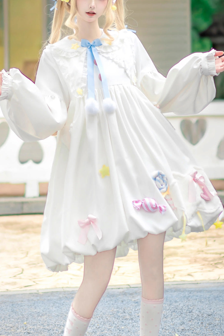 White Doll Collar Long Sleeves Candy Bowknot Sweet Lolita Dress - White - 1