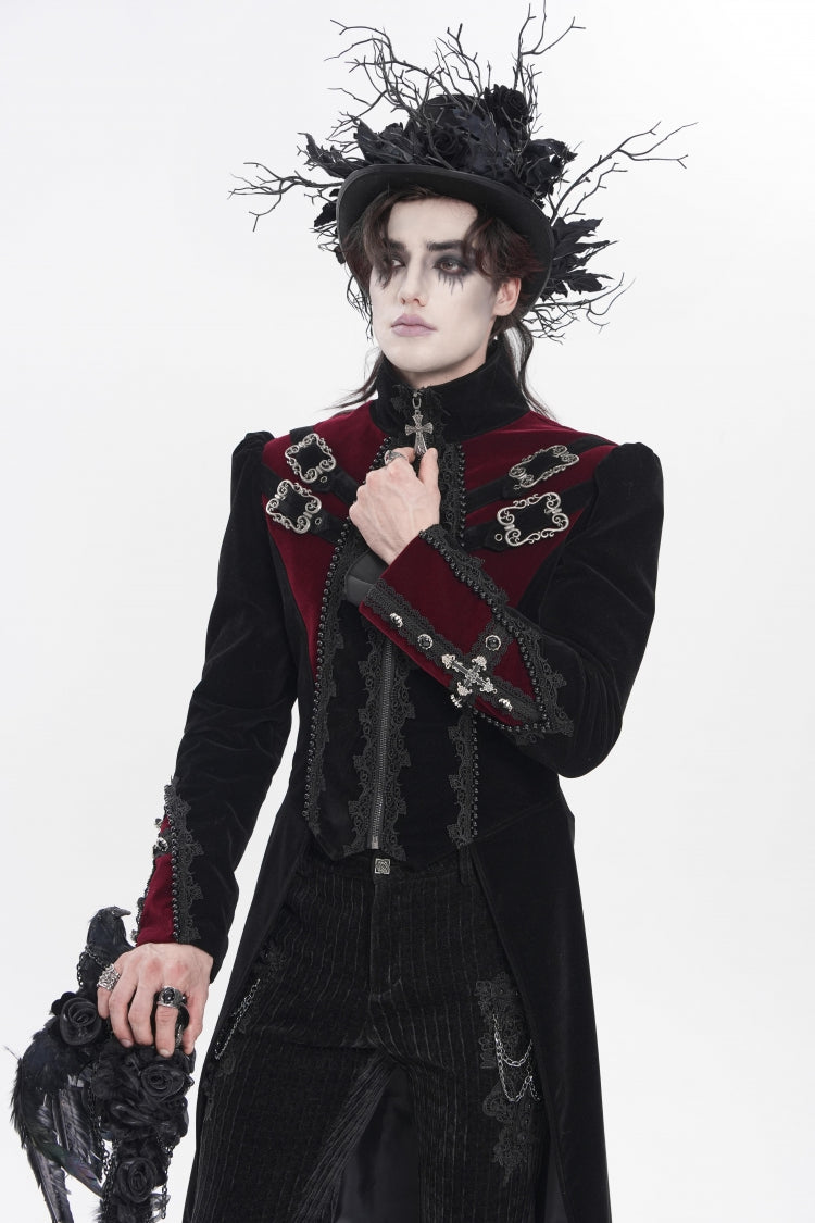 Black Stand Collar Long Sleeves Embroidered Color-Blocked Buckled Zippered Men's Gothic Palace Jacket - Product - 11