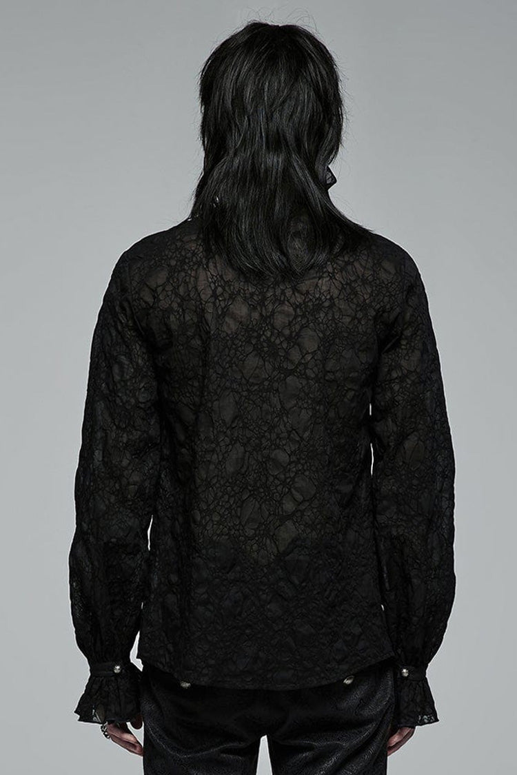 Black Gothic Long Sleeve Mesh Texture Fabric Lace Pleated Ruffle Tie Design Men's Shirt - Product - 3