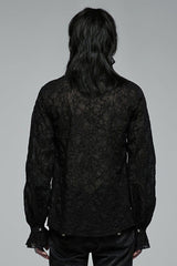 Black Gothic Long Sleeve Mesh Texture Fabric Lace Pleated Ruffle Tie Design Men's Shirt - Product - 3