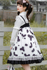 Black/White High Waist Ruffled Milk Pudding Printed Sweet Lolita Jsk Dress - Product - 3