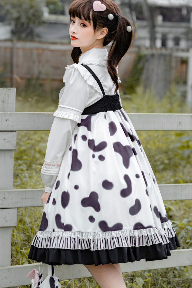 Black/White High Waist Ruffled Milk Pudding Printed Sweet Lolita Jsk Dress - Product - 3