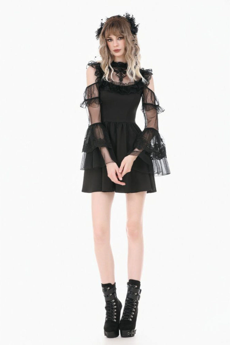 Black Cut-Out Multi-Layered Ruffled Long Trumpet Sleeves Sheer Mesh Splice Lace Lace-Up Women's Gothic Dress - Product - 7