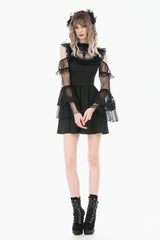 Black Cut-Out Multi-Layered Ruffled Long Trumpet Sleeves Sheer Mesh Splice Lace Lace-Up Women's Gothic Dress - Product - 7