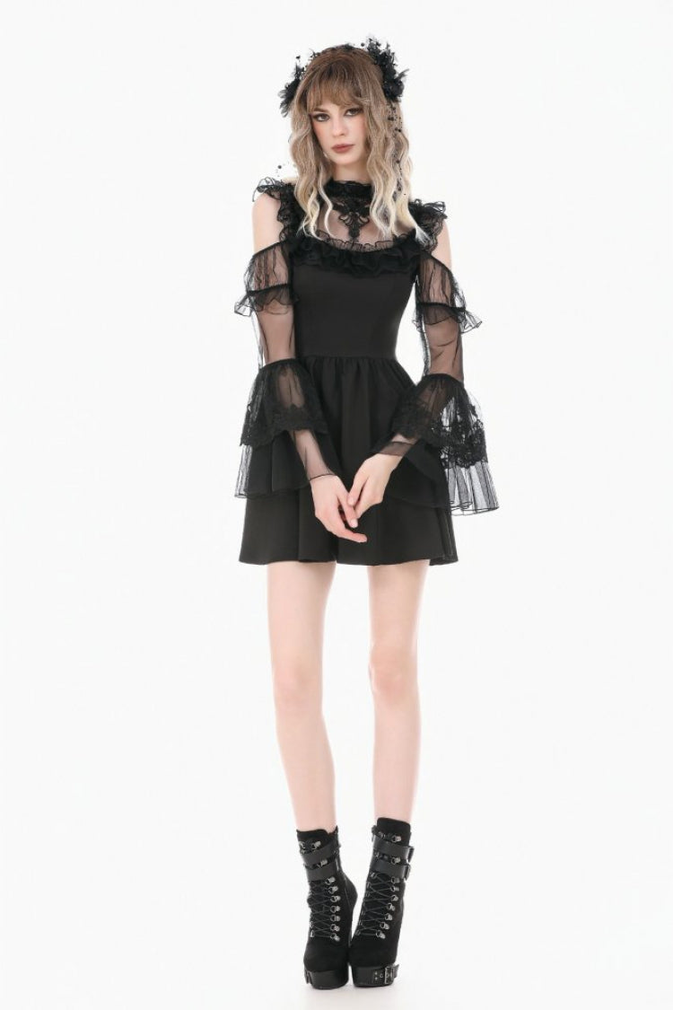 Black Cut-Out Multi-Layered Ruffled Long Trumpet Sleeves Sheer Mesh Splice Lace Lace-Up Women's Gothic Dress - Product - 7