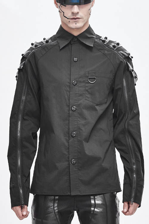 Black Long Sleeve Shoulder Zipper Mens Punk Blouse - Black - 1