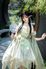 Green Halterneck Sleeveless Bowknot Lace Irregular Sweet Chinese Style Lolita Jsk Dress - Product - 8