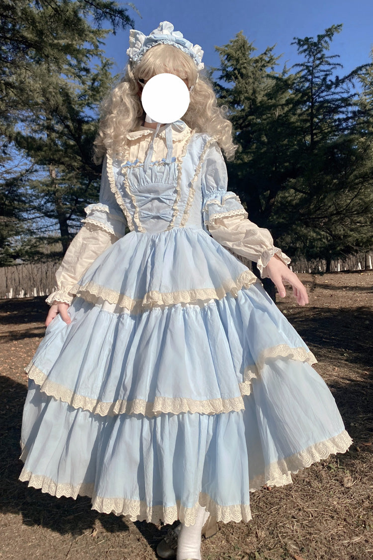 Blue Lapel Collar Long Sleeves High Waisted Multi-layer Bowknot Sweet Lolita Dress - Product - 4