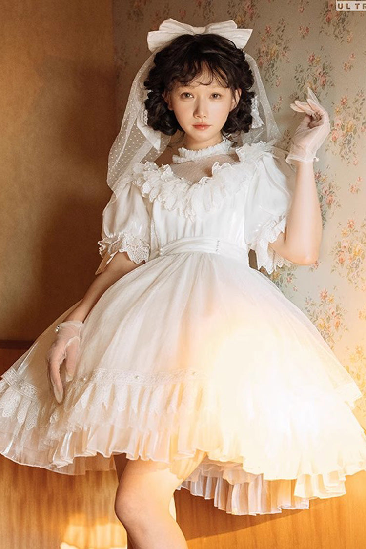White Multi-Layered Ruffle Hanayome Hollow Bowknot Lace Sweet Vintage Gorgeous Lolita Dress - Product - 3