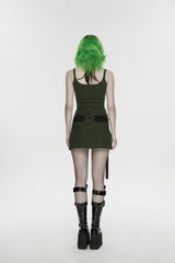 Black/Green Off Shoulder Slim Ripped Buckled Women's Punk Spiders&Web Printed  Vest - Product - 3
