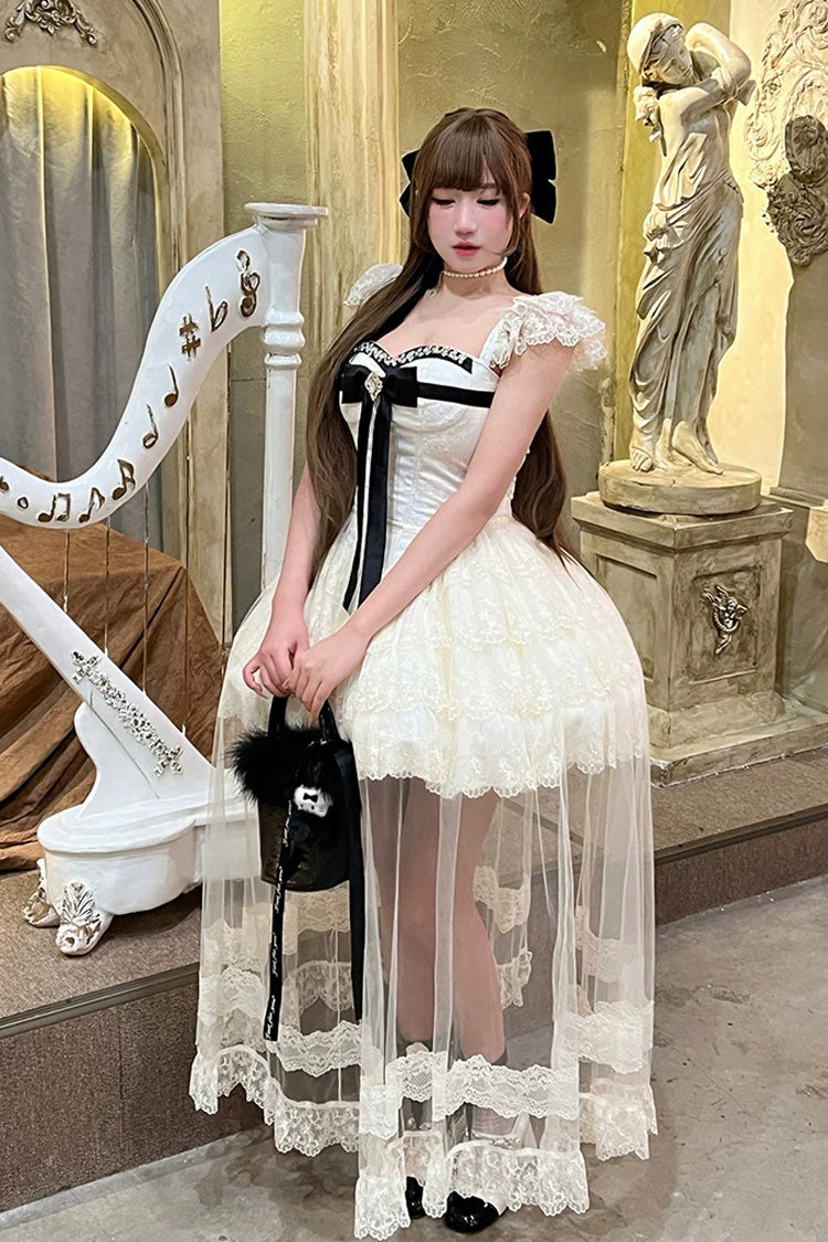 Ivory [Hepburn Heart] Square Collar Sleeveless Multi-Layered Cut-Out Bow Lace Sweet Lolita Jsk Dress - Product - 2