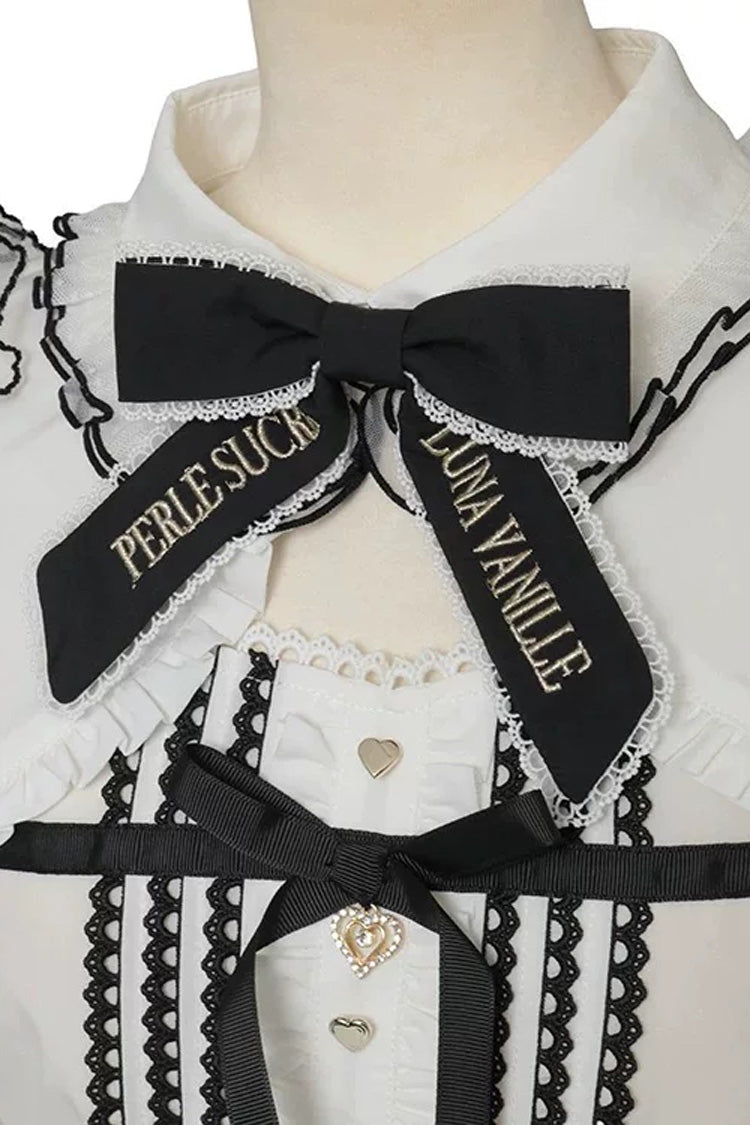 Sweet Lapel Collar Off Shoulder Long Sleeves High Waisted Printed Bow Lolita Skirt Blouse Set - Black/White-Blouse(Only) - 6