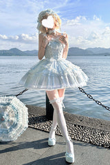 Blue [Candy House] Sleeveless Ruffle Bowknot Lace Lace-Up Sweet Lolita Jsk Dress - Product - 6