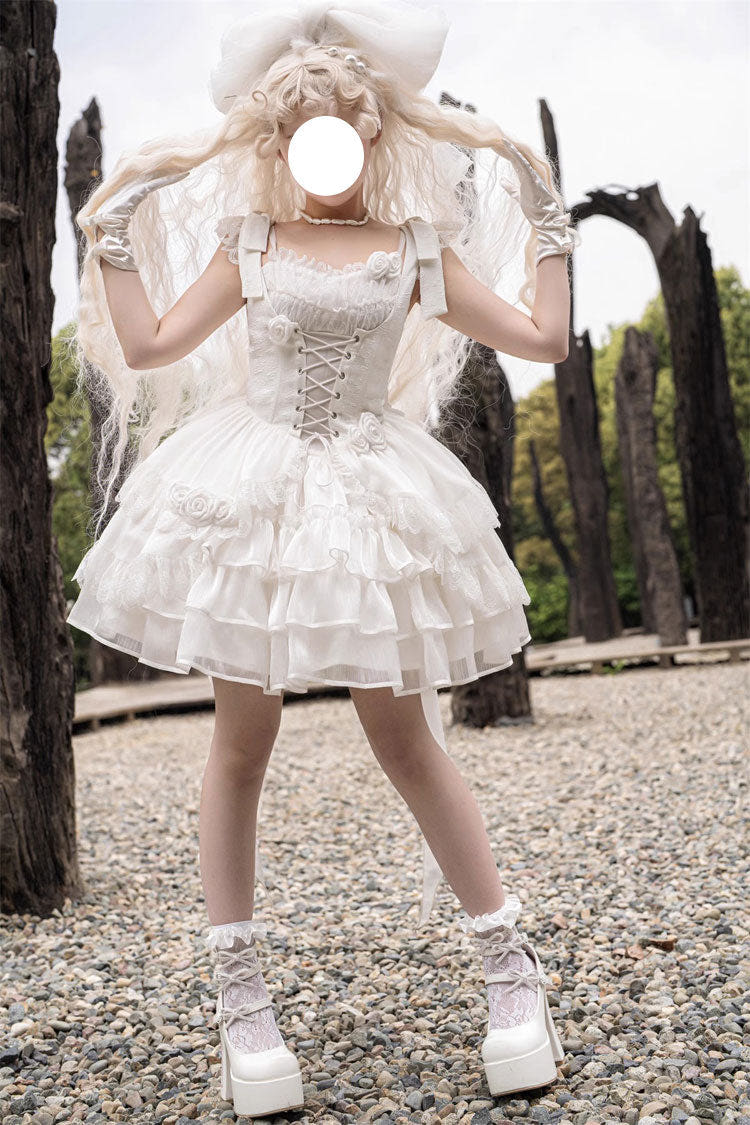 White Rose Multi-layer Ruffle Hanayome Stitching Lace Detachable Sweet Princess Lolita Tiered Dress - White - 1