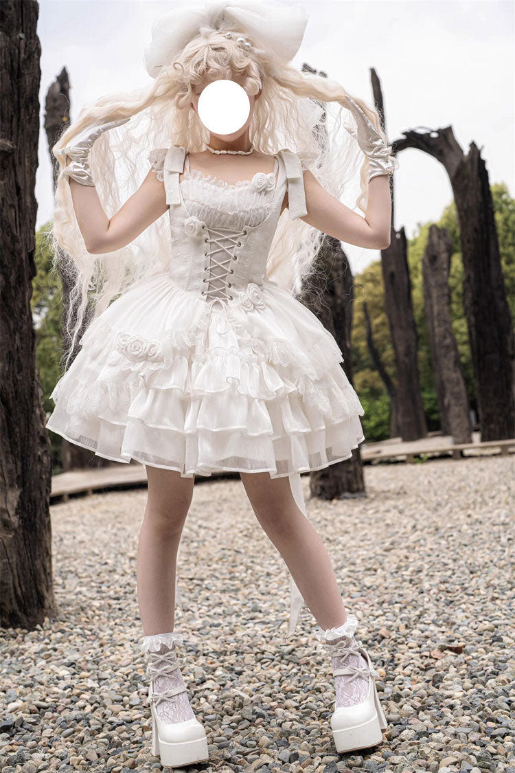 White Rose Multi-layer Ruffle Hanayome Stitching Lace Detachable Sweet Princess Lolita Tiered Dress - White - 1