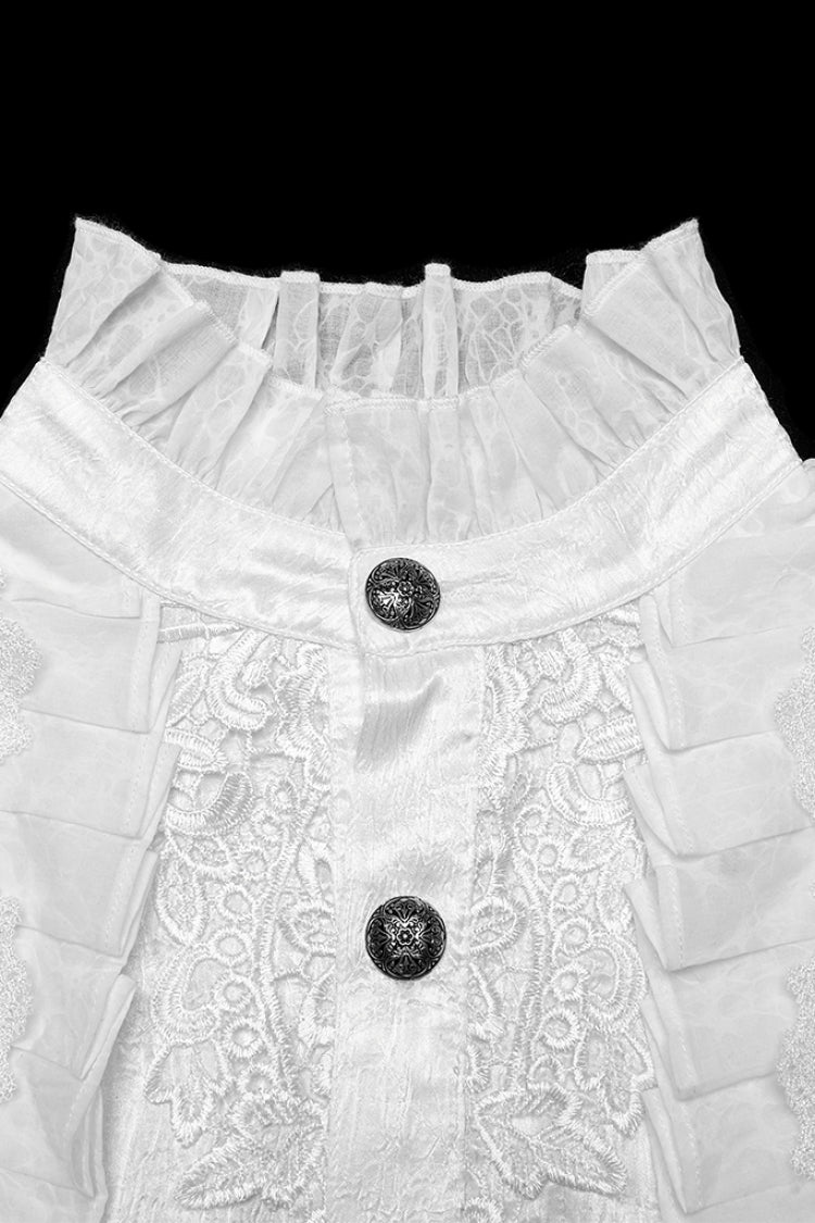 White Stand Collar Long Puff Sleeves Jacquard Ruffle Embroidery Men's Gothic Blouse - Product - 5