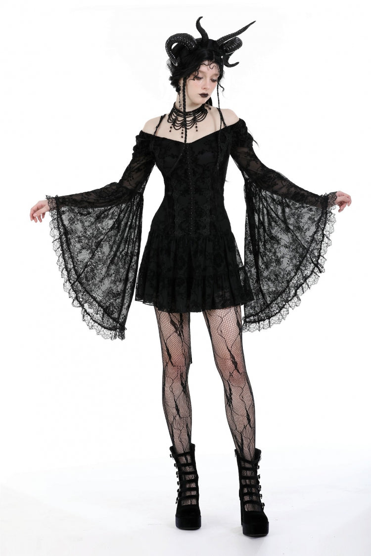 Black Off Shoulder Long Trumpet Sleeves Velvet Spliced Mesh Women's Gothic Graduation Dress - Black - 1