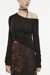 Black Slash Shoulder Long Sleeves Asymmetric Women's Gothic T-Shirt - Black - 1