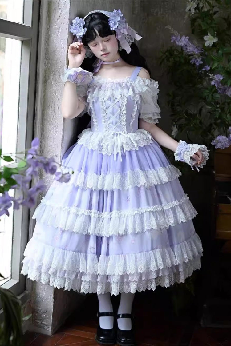 Purple [Lavender] Sleeveless Multi-Layered Print Ruffle Bowknot Lace-Up Sweet Elegant Lolita Jsk Dress Set - Purple - 1