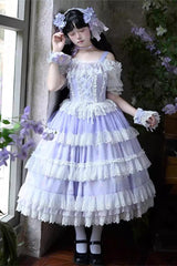Purple [Lavender] Sleeveless Multi-Layered Print Ruffle Bowknot Lace-Up Sweet Elegant Lolita Jsk Dress Set - Purple - 1