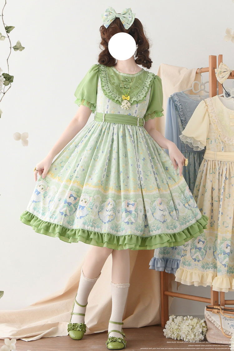 Green [Lily of the Valley Cat] Print Ruffle Embroidery Bowknot Sweet Lolita Dress - Green - 3