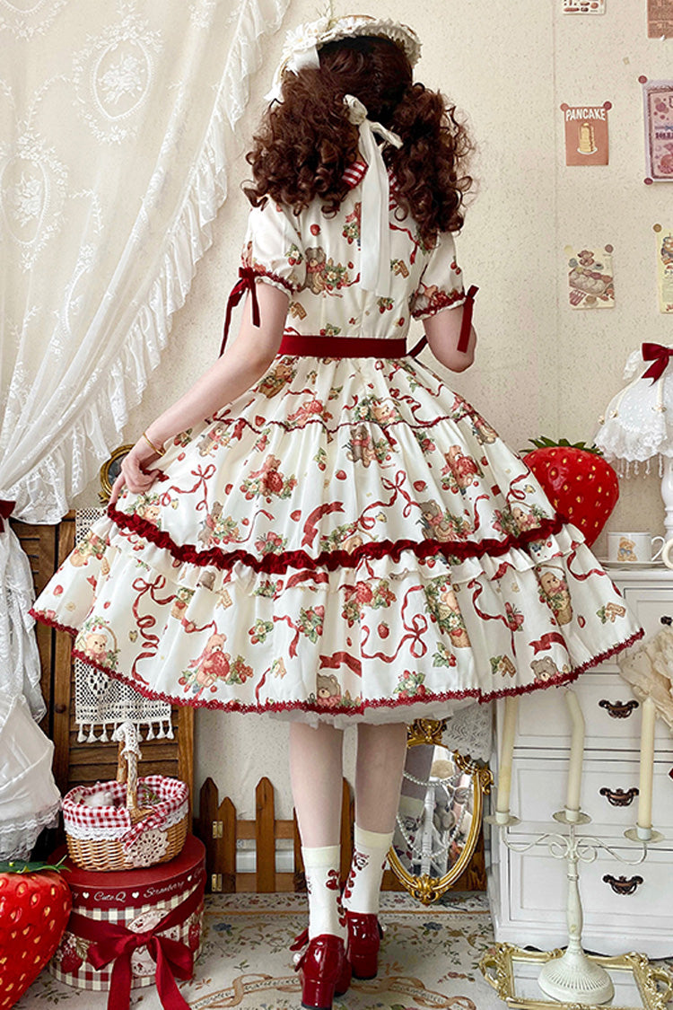 [Bear's Strawberry Garden] Lapel Collar Short Sleeves Print Bowknot Sweet Lolita Dress 4 Colors - Product - 3