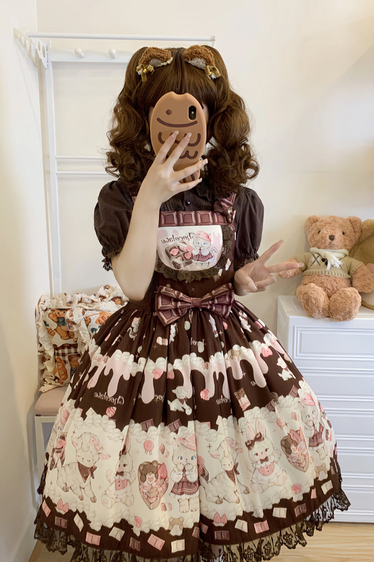 Chocolate Rosette Cat Print Bowknot Stitching Lace Sweet Lolita Jsk Dress 4 Colors - Brown - 4
